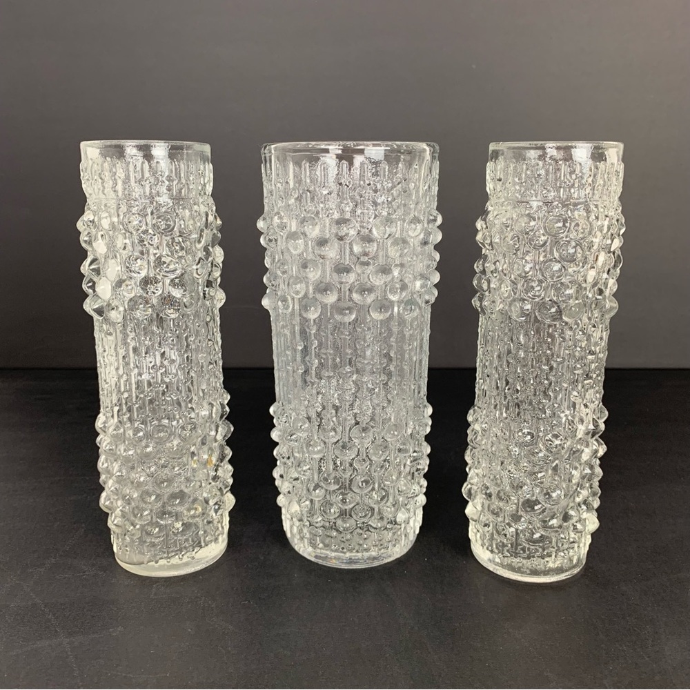 Set Of 3 Sklo Union Vase Candle Drip Wax Czech Art Glass Vtg Clear Textured MCM